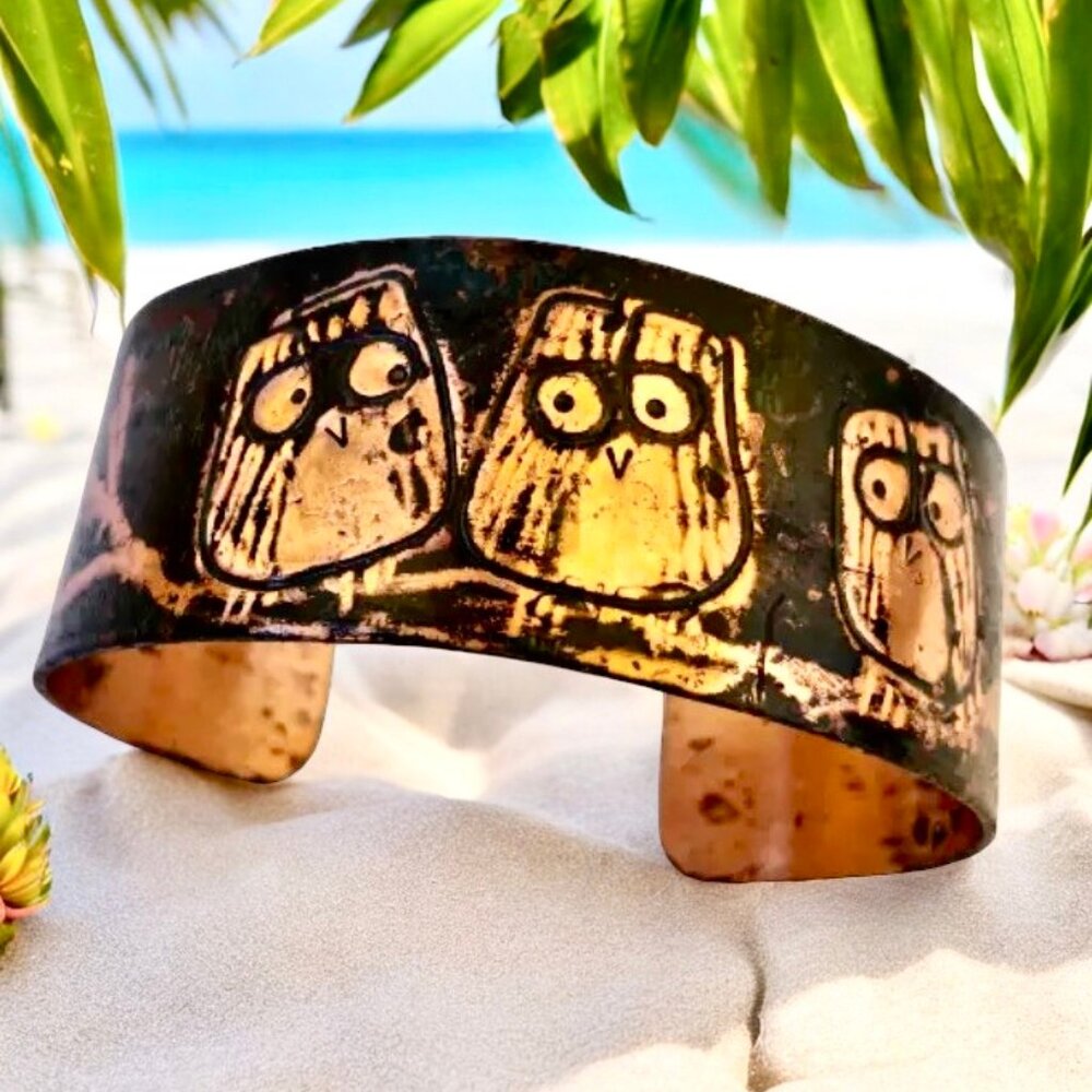 Copper Cuff Bracelet OWLS Carved Signed GPW